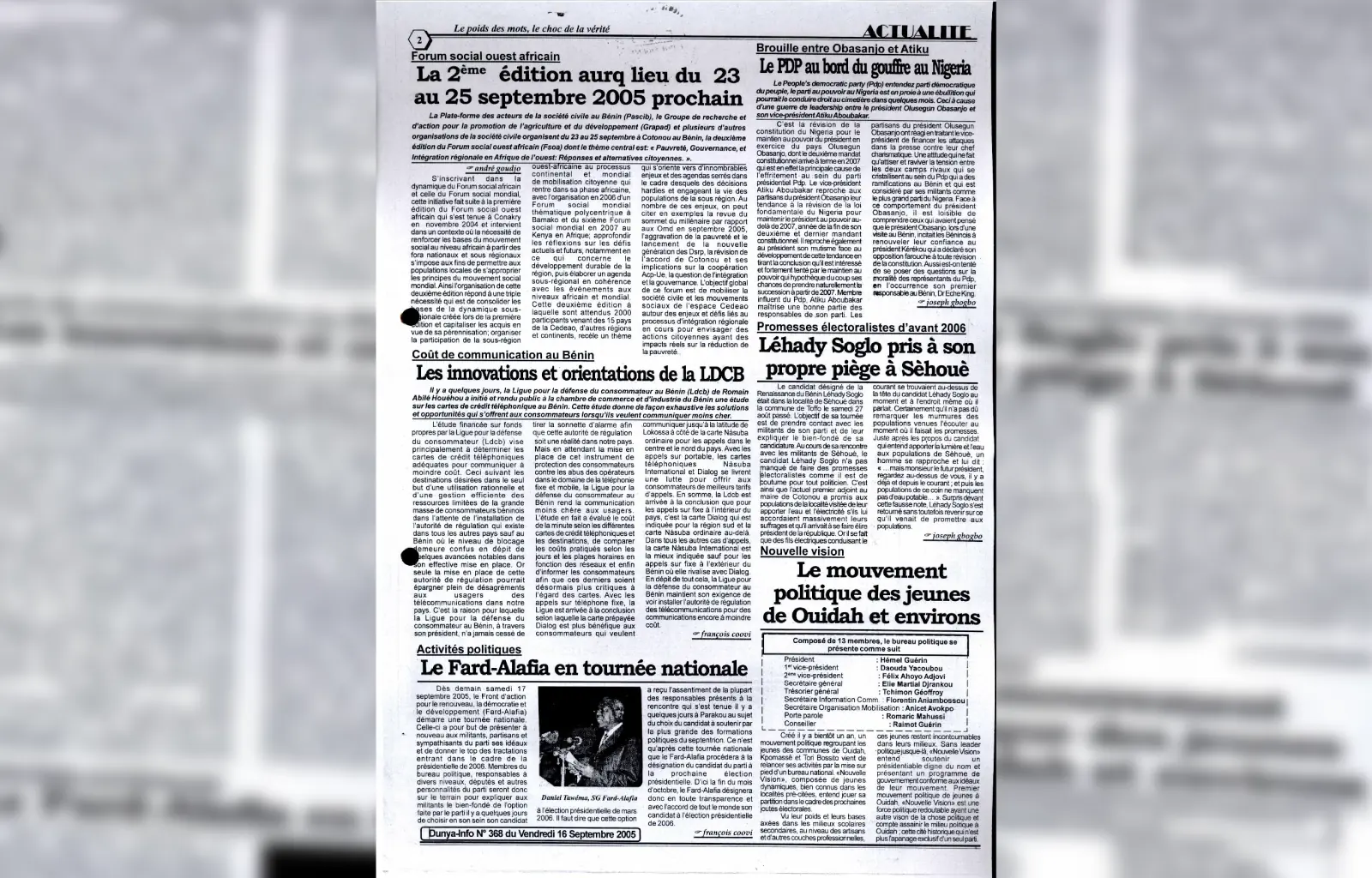 Dunya info n368 du vendredi 16 septembre 2005