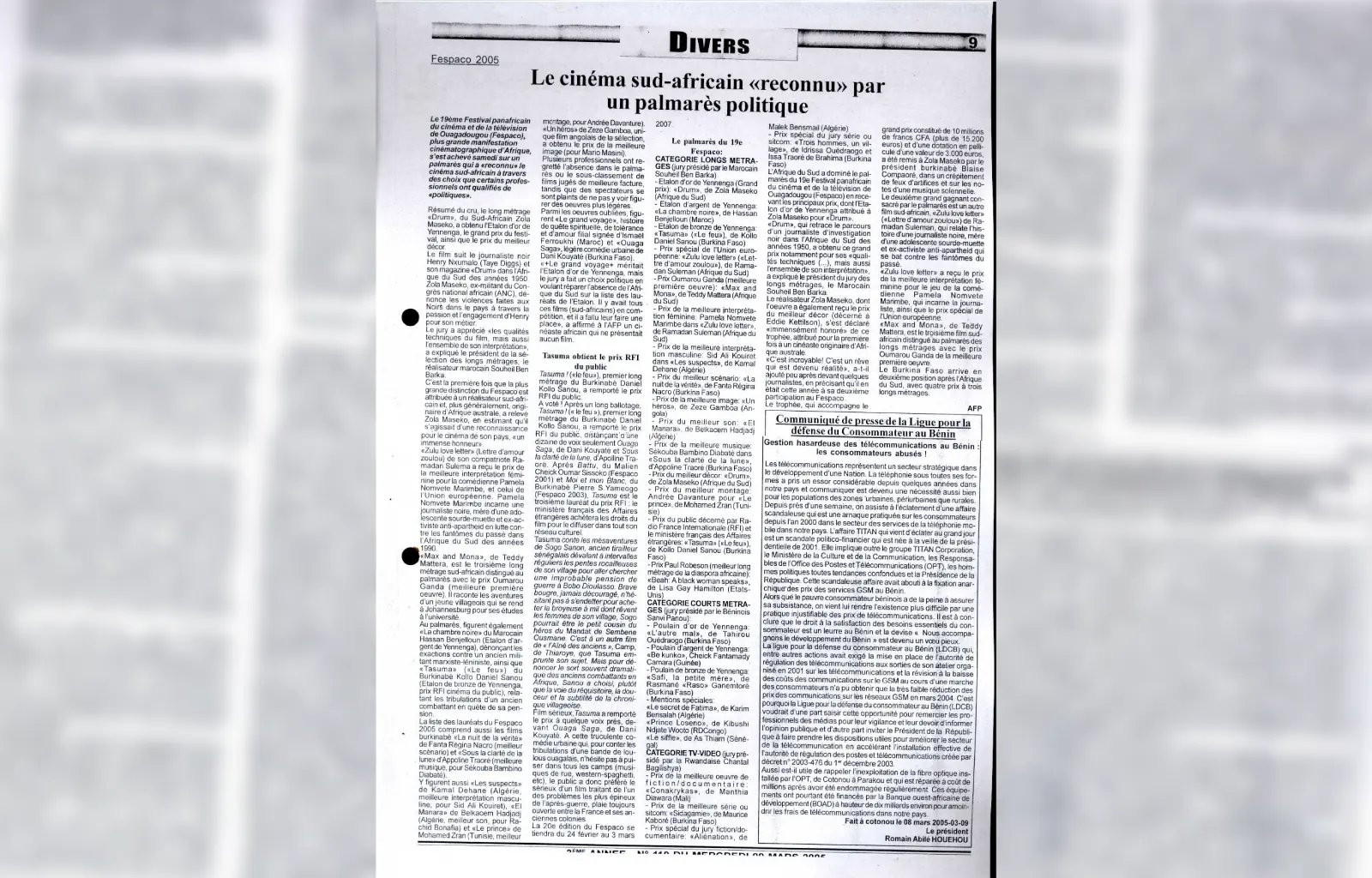 Journal n110 du mercredi 09 mars 2005