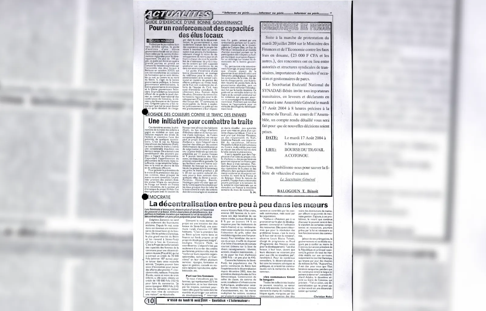 L informateur n0568 du lundi 16 aout 2004