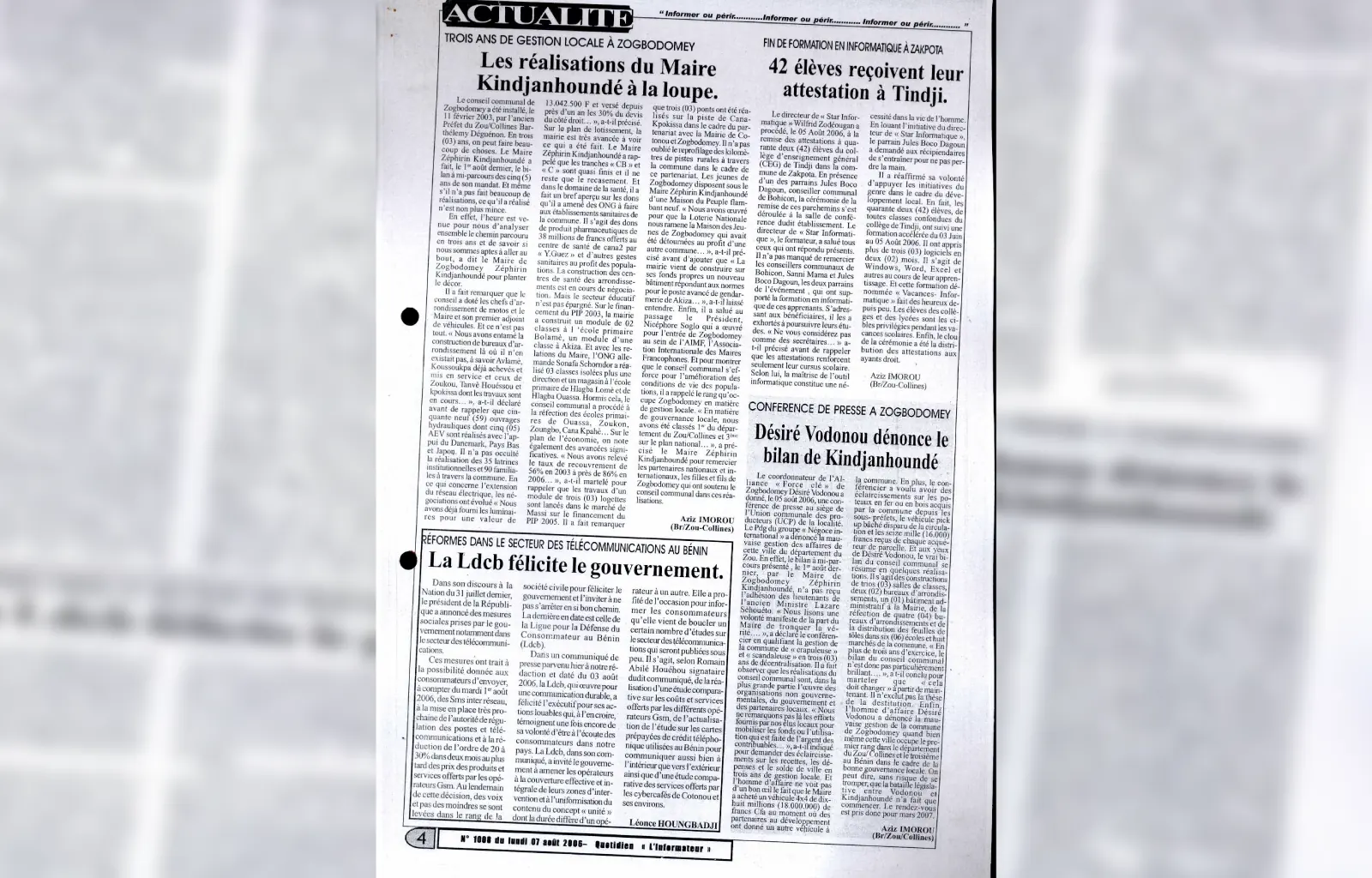 L informateur n1008 du lundi 07 aout 2006