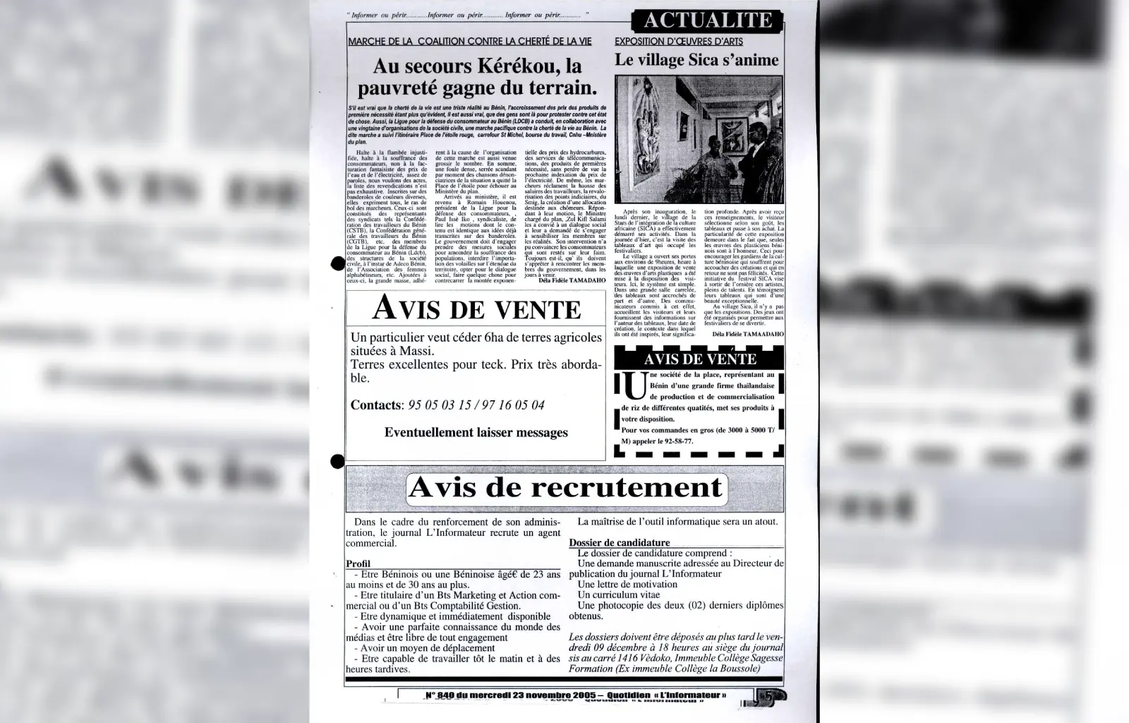 L informateur n840 du mercredi 23 novembre 2005