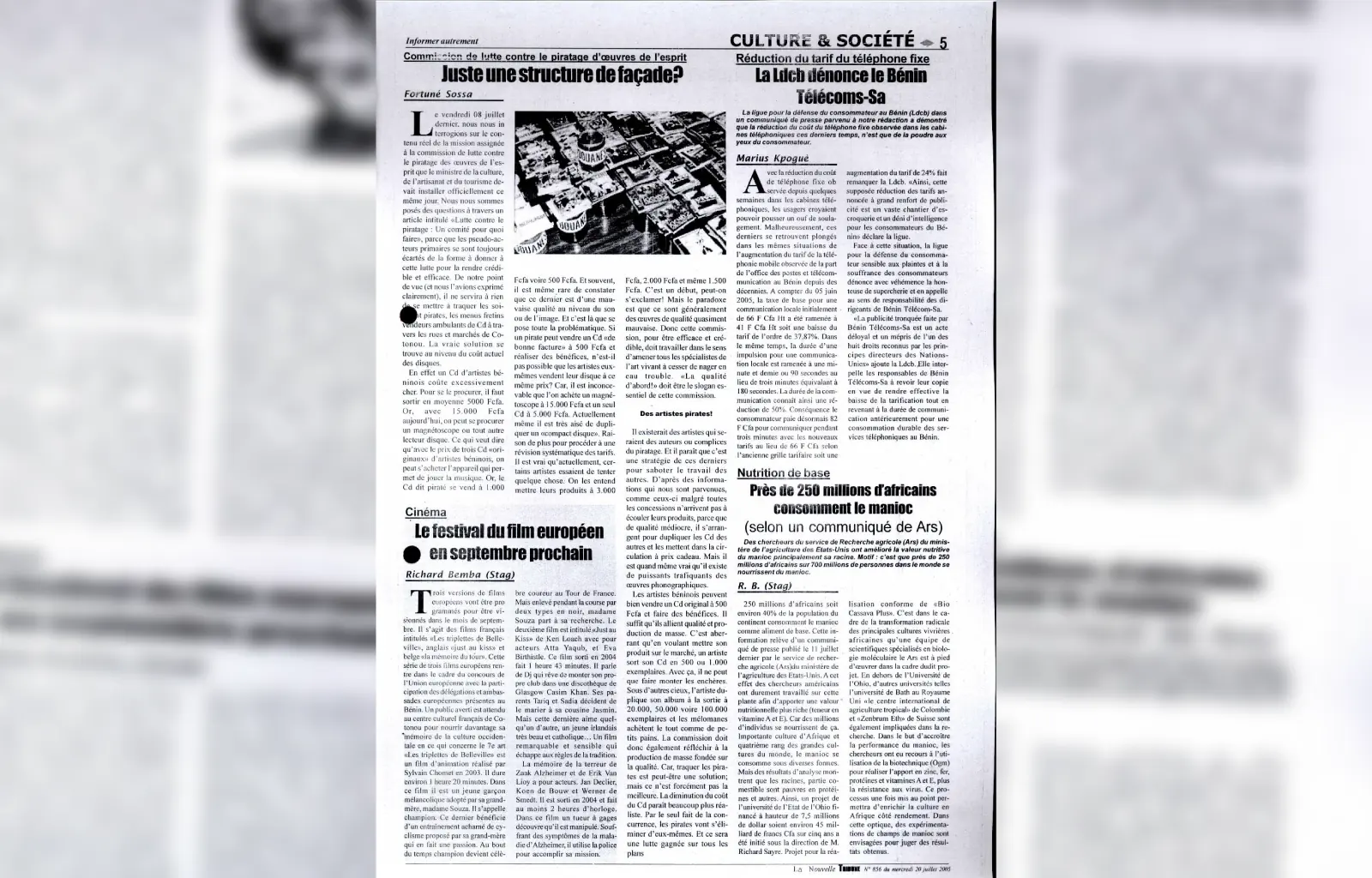 La nouvelle tribune n856 du mercredi 20 juillet 2005