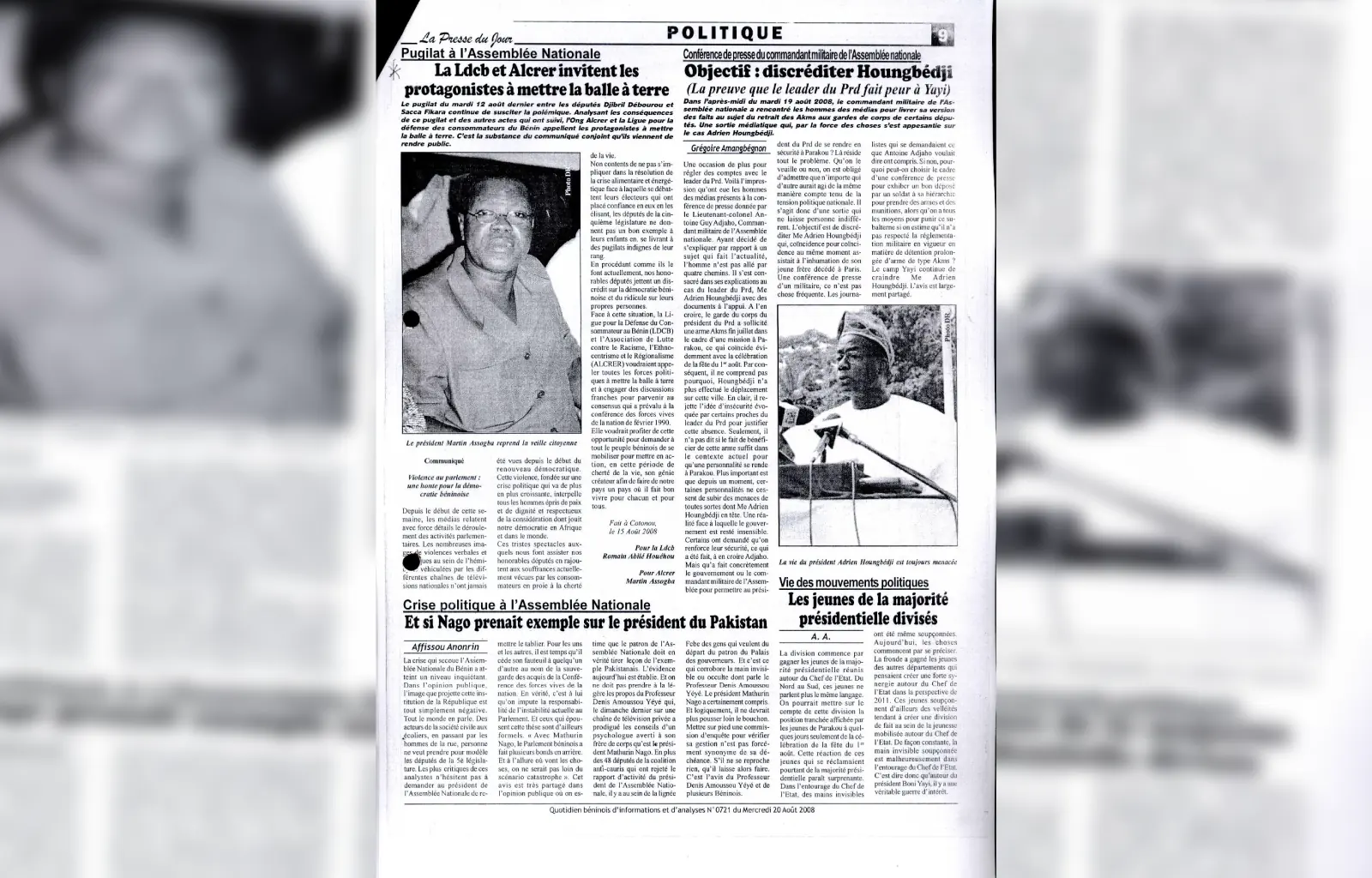 La presse du jour n0721 du 20 aout 2008 pugilat a l assemblee nationale