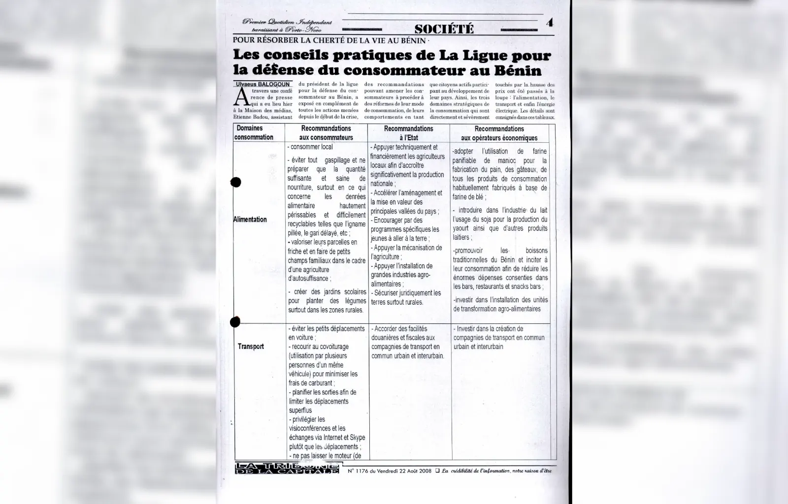 La tribune de la capitale n1176 du 22 aout 2008