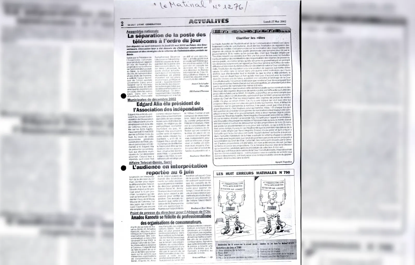 Le matinal n1276 du lundi 27 mai 2002