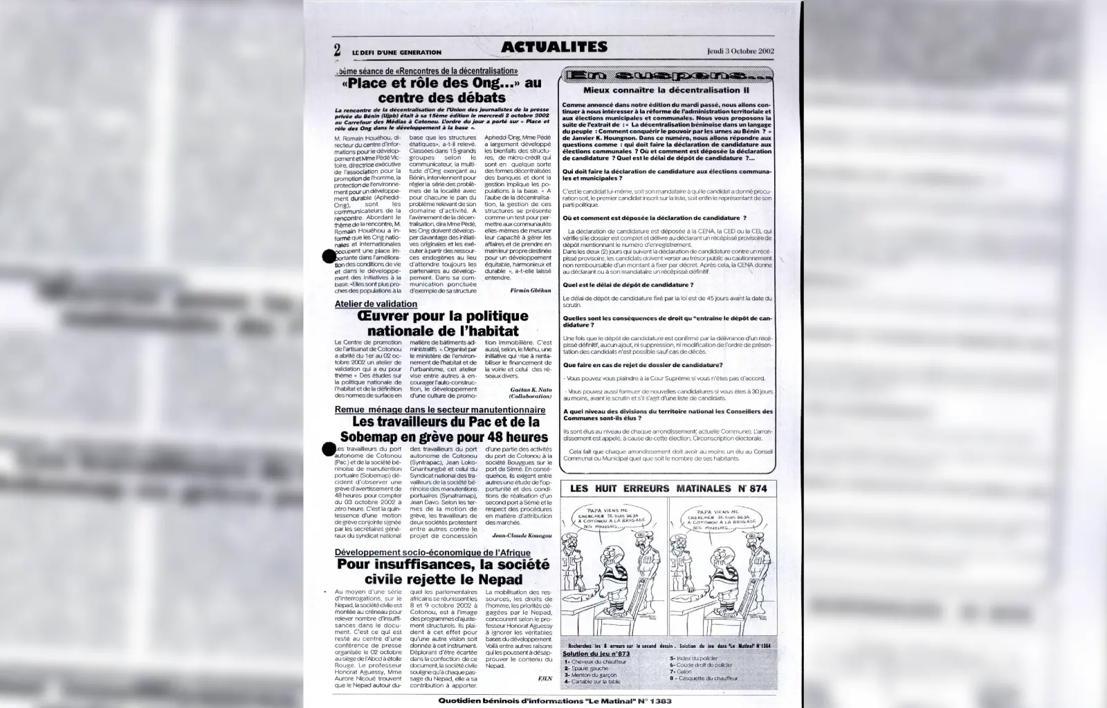 Le matinal n1383 du jeudi 03 octobre 2002