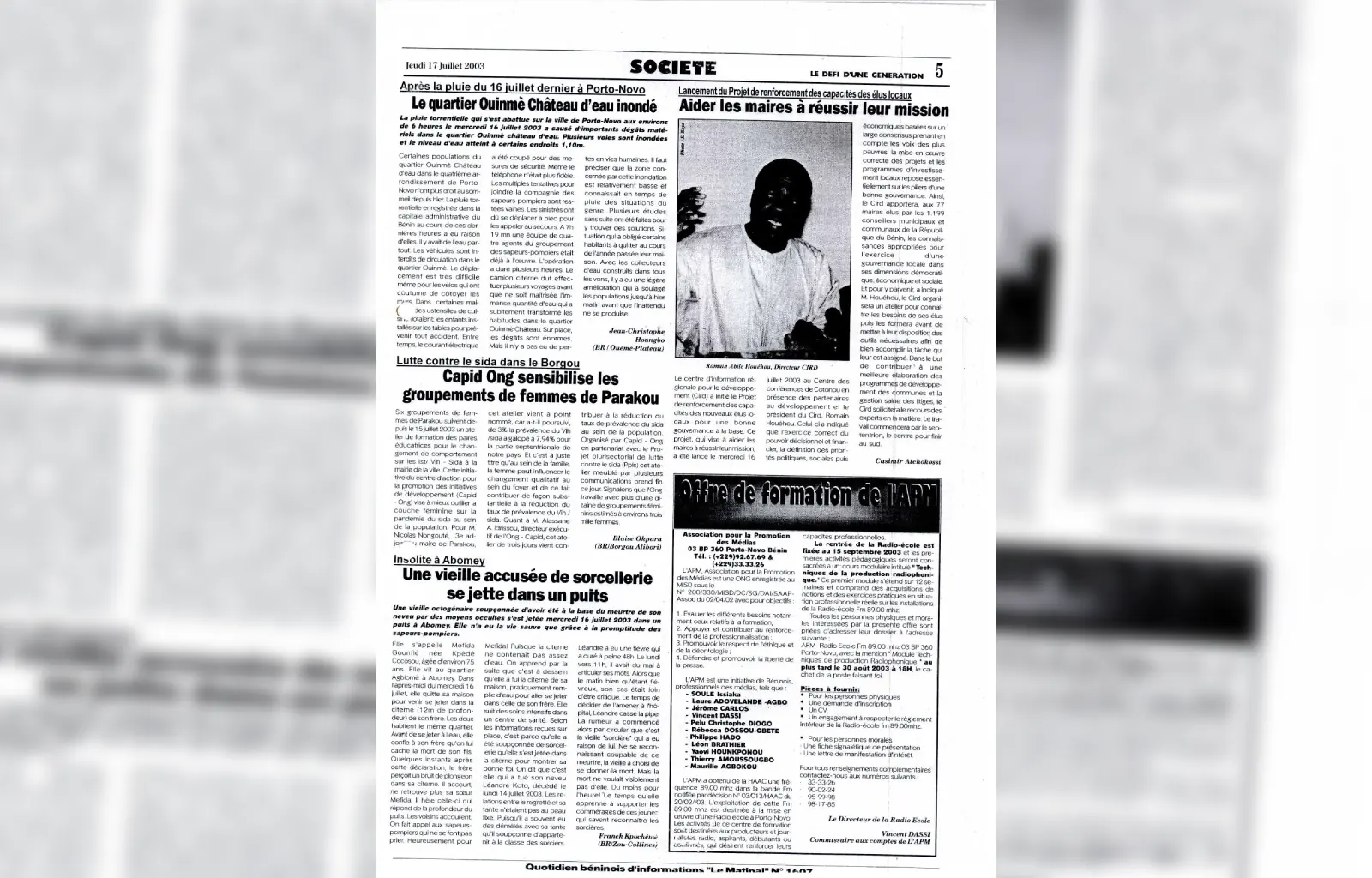 Le matinal n1607 du jeudi 17 juillet 2003
