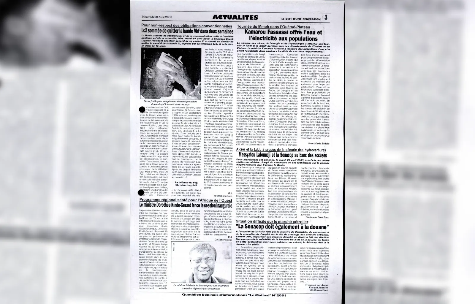 Le matinal n2081 du mercredi 20 avril 2005