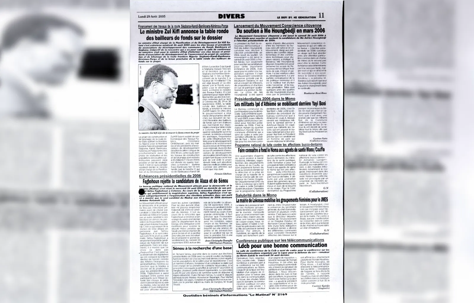 Le matinal n2169 du lundi 29 aout 2005