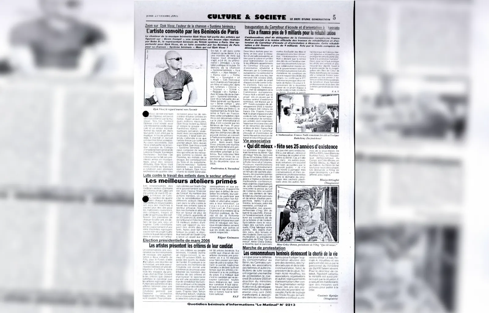 Le matinal n2213 du jeudi 27 octobre 2005