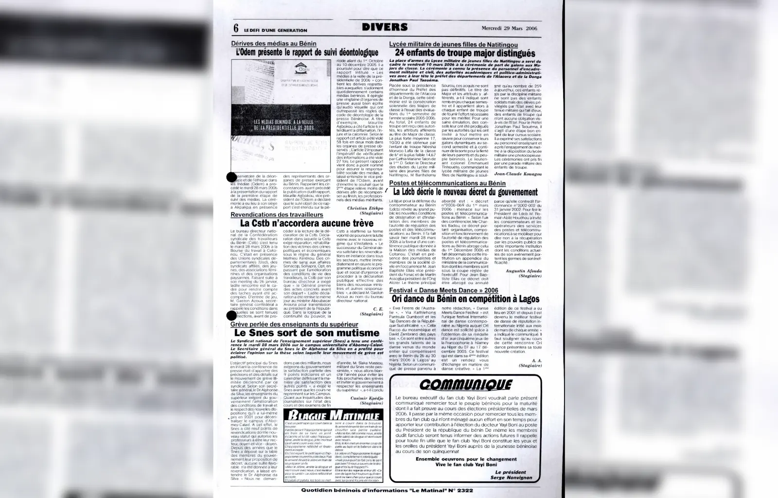 Le matinal n2322 du mercredi 29 mars 2006
