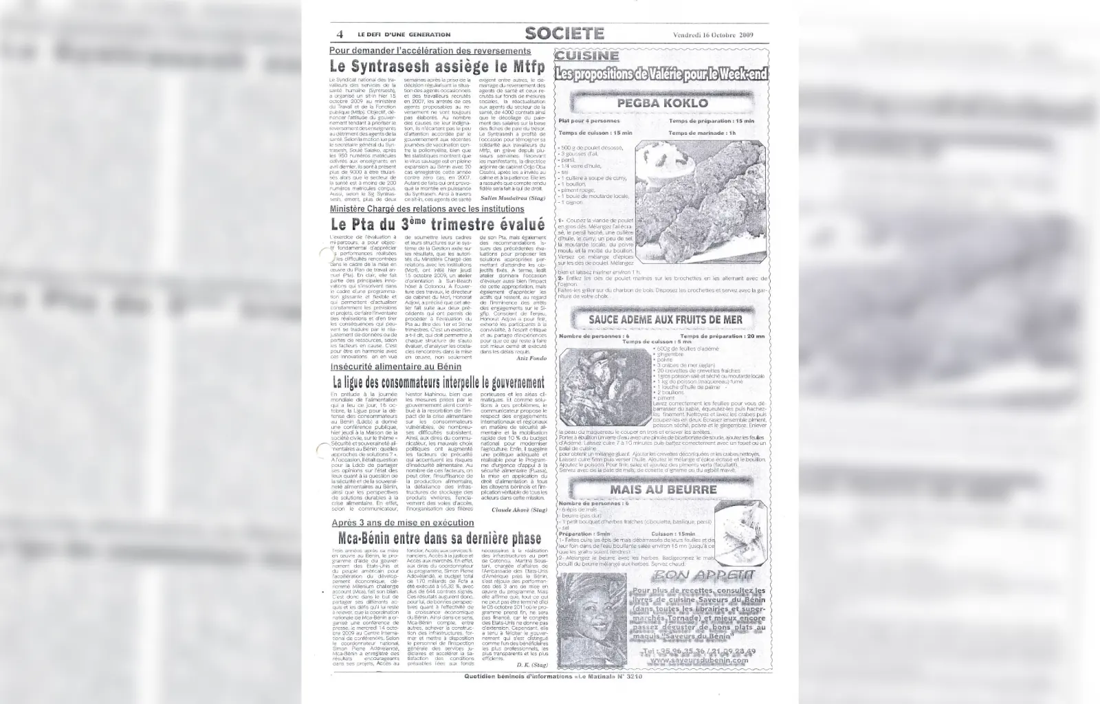 Le matinal n3210 du vendredi 16 octobre 2009