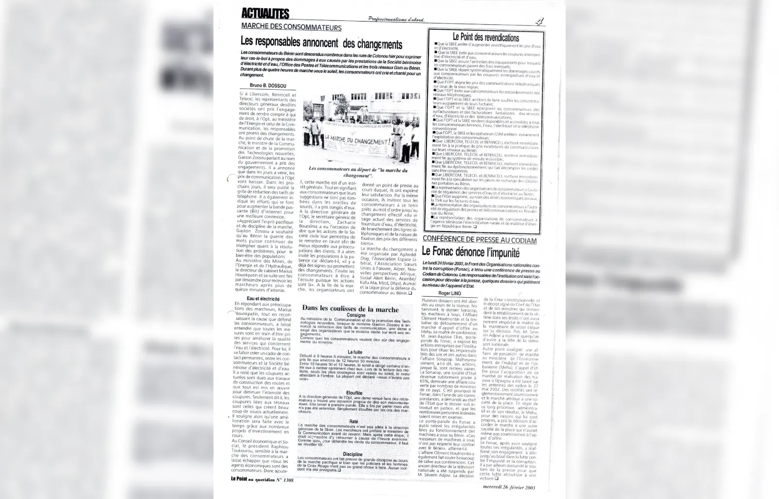 Le point au quotidien n1308 du mercredi 26 fevrier 2003