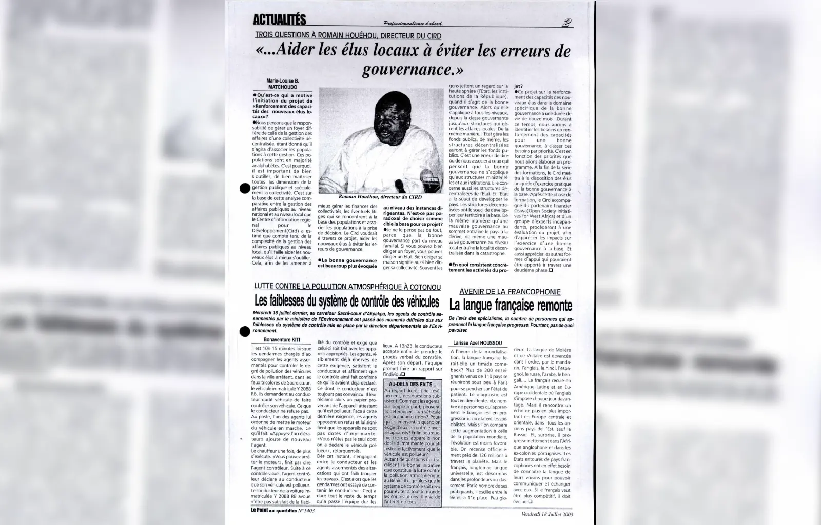 Le point au quotidien n1403 du vendredi 18 juillet 2003