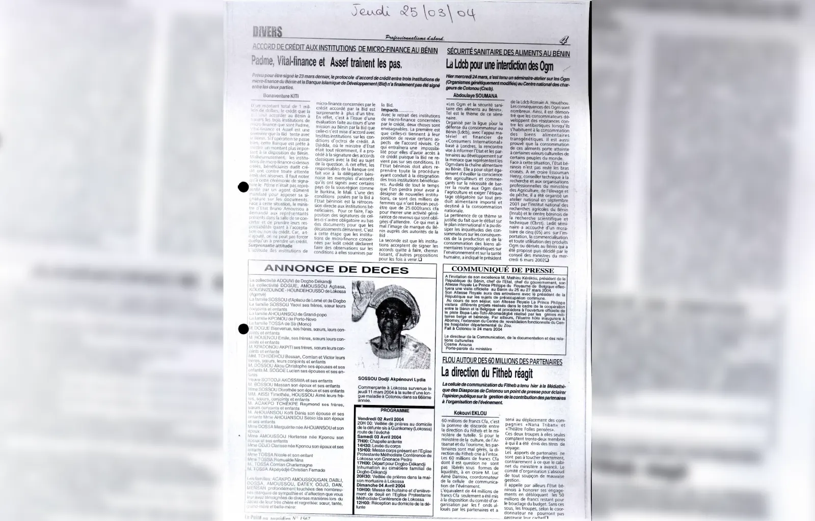 Le point au quotidien n1567 du jeudi 25 mars 2004