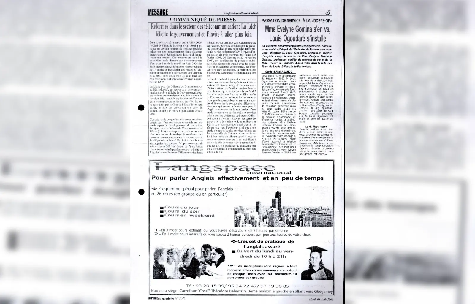 Le point au quotidien n2048 du mardi 08 aout 2006