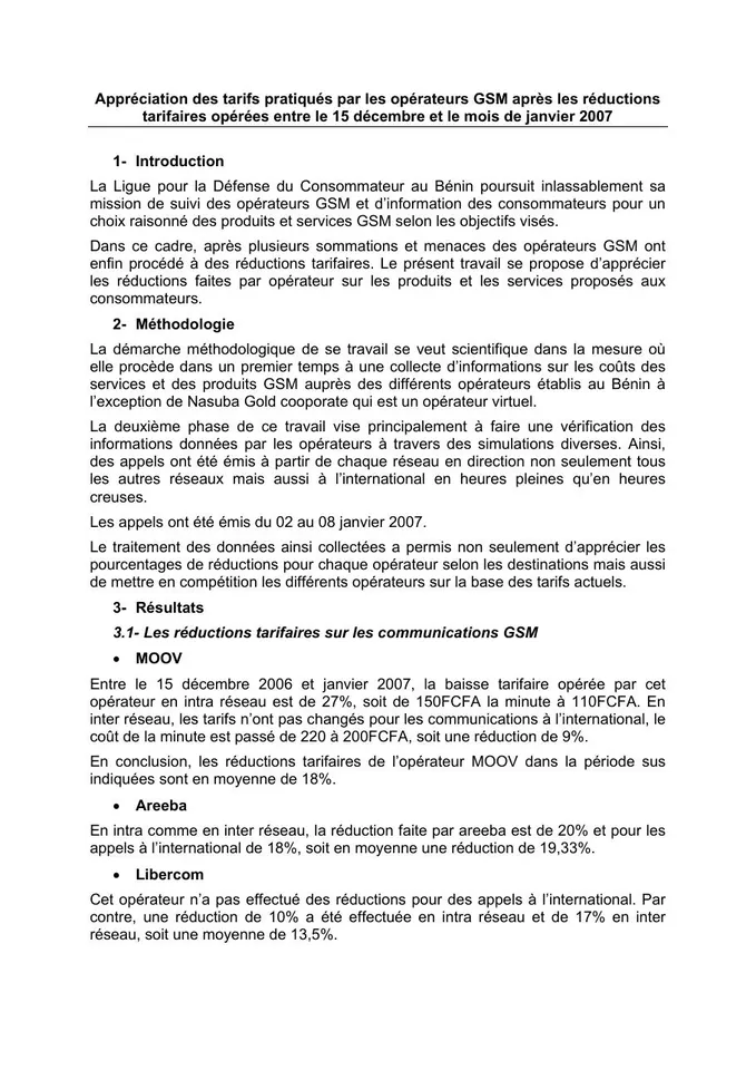 Première page — Appréciation des tarifs pratiqués par les opérateurs GSM