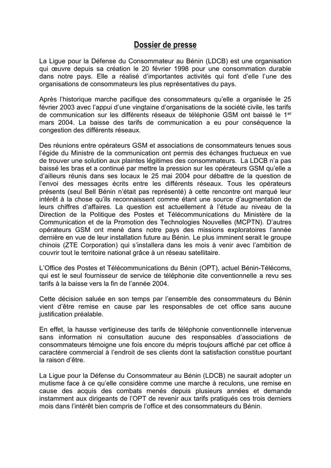 Première page — Conférence sur les télécommunications mars 2005