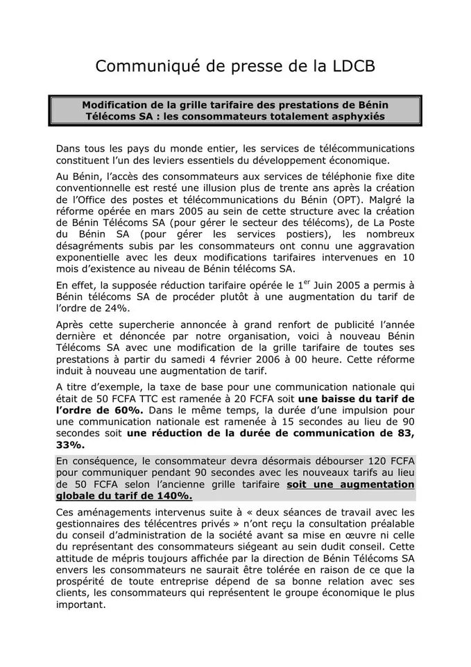 Première page — Com sur la réforme tarifaire de bénin télécoms SA Fév 06