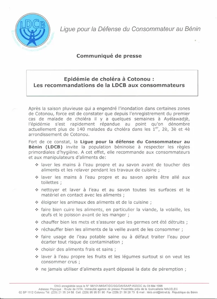 Première page — Communiqu de presse épidémie de choléra