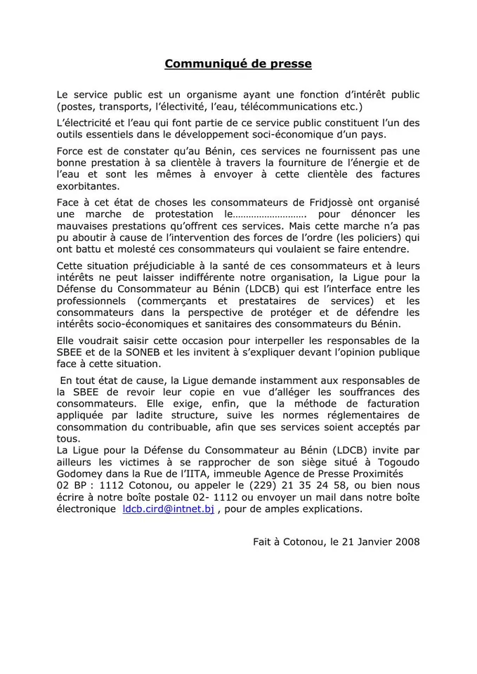 Première page — Communiqué de presse