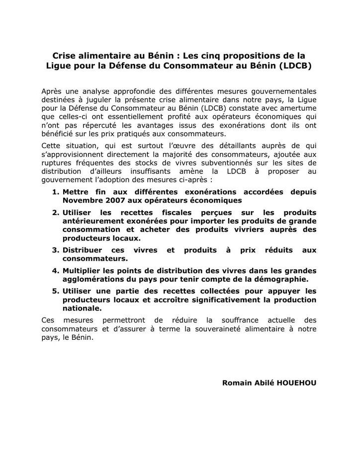 Première page — Crise alimentaire au Bénin