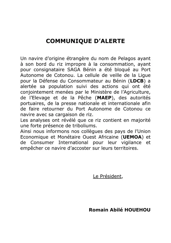Première page — D'alerte sur le riz pouri
