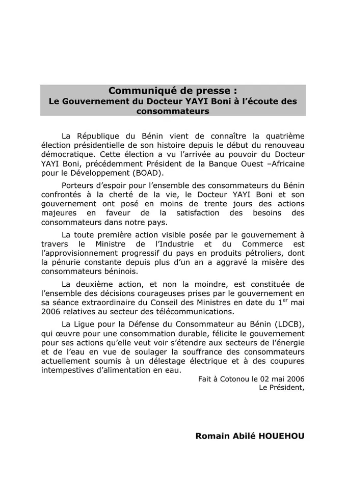 Première page — De félicitations du gouvernement du 02 05 06