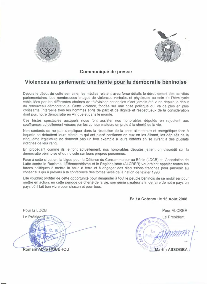 Première page — LDCB ALCRER Parlement Béninois