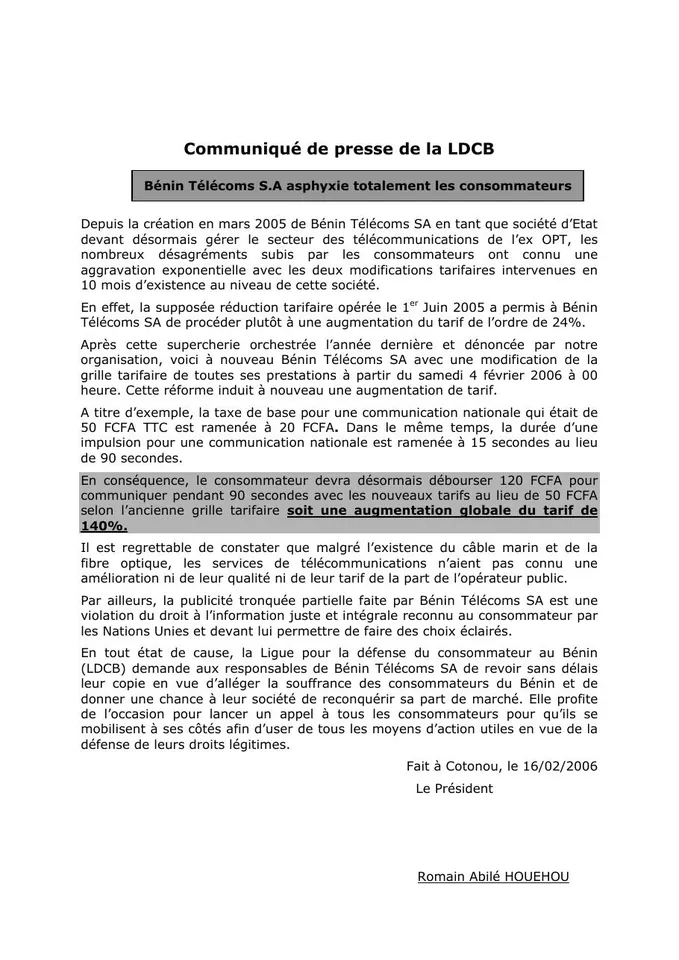 Première page — Relatif à la réforme tarifaire de bénin télécoms SA Fév 06 déf