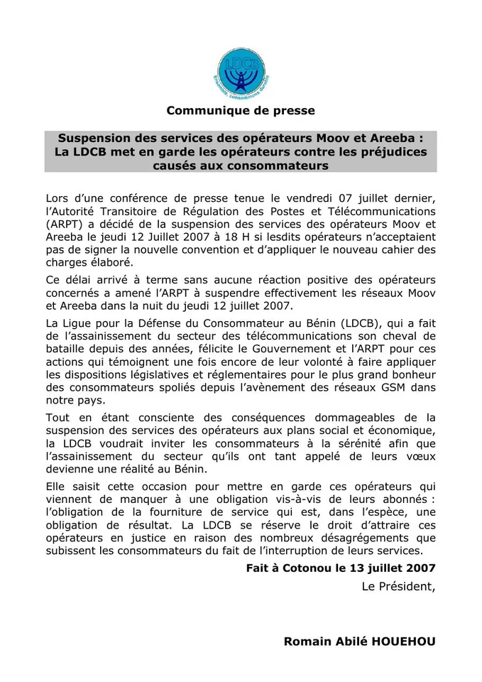 Première page — Relatif à la suspension des services des opérateurs Areeba et Moov