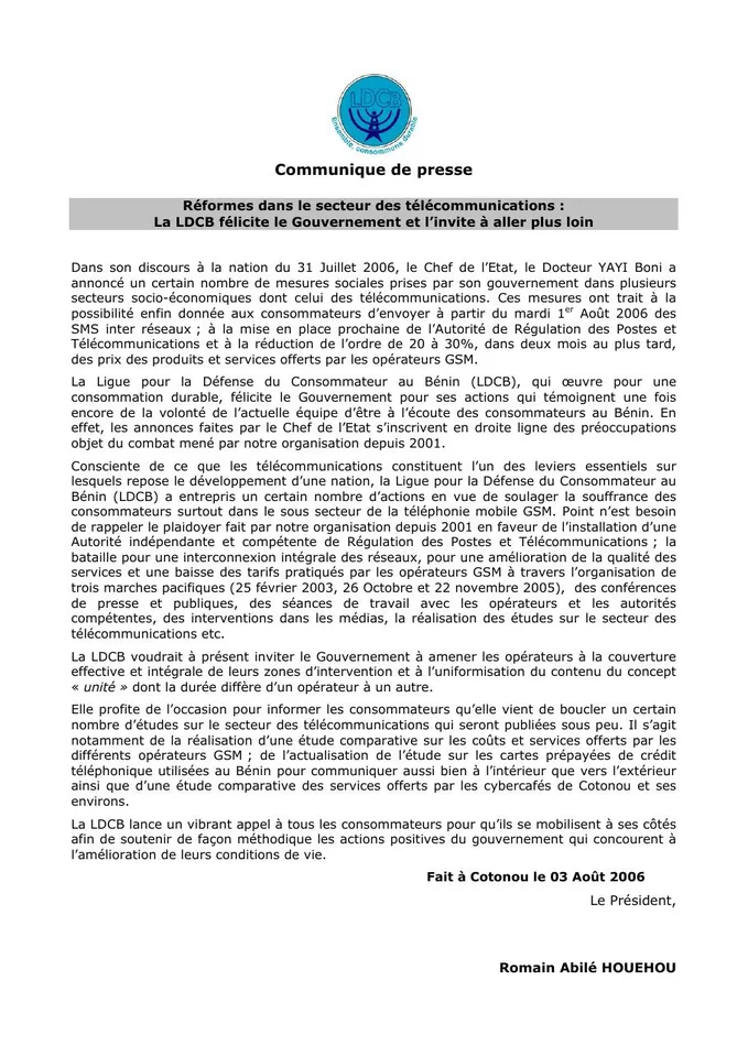 Première page — Relatif aux réformes dans le secteur des télécoms le 31 juillet 2006