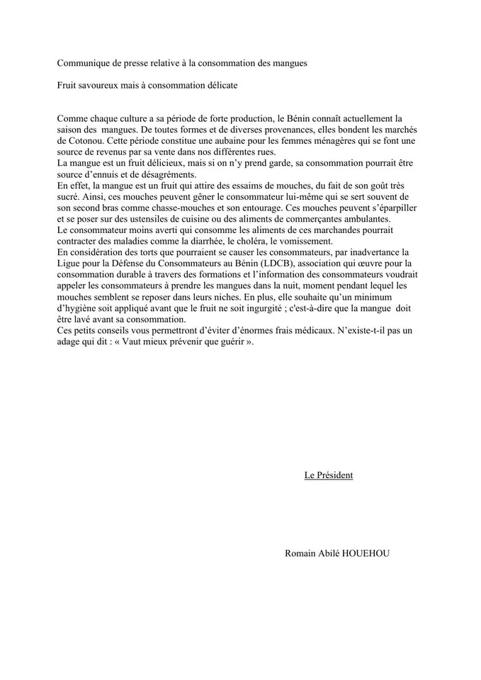 Première page — Sur la consommation de la mangue