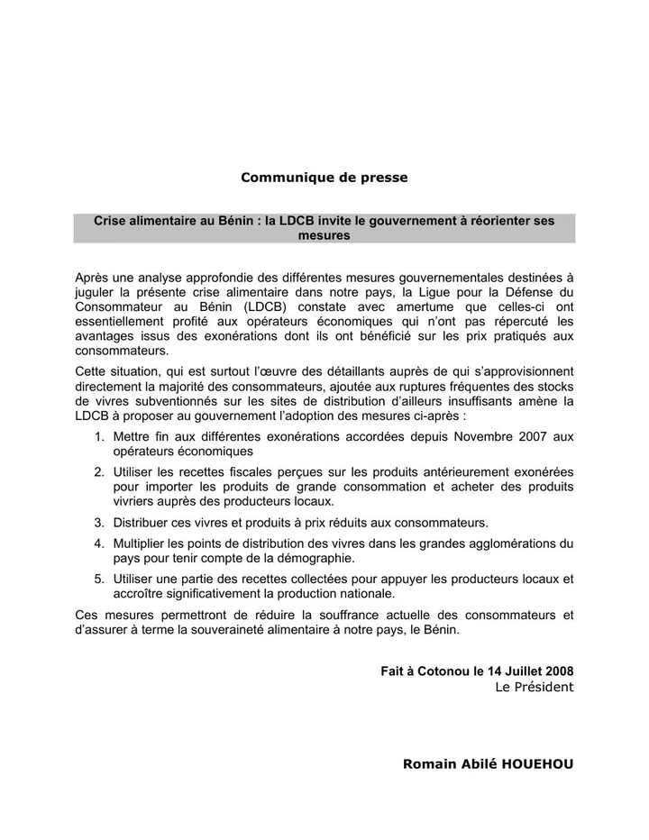 Première page — Sur la crise alimentaire (juillet 2008)