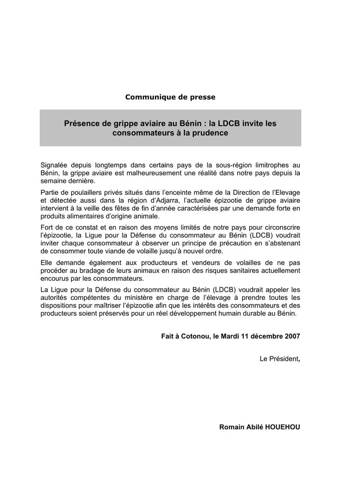 Première page — Sur la grippe aviaire au Bénin