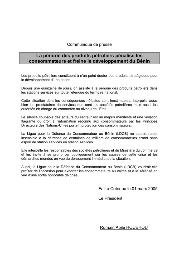 Première page — Sur la pénurie de produits pétroliers