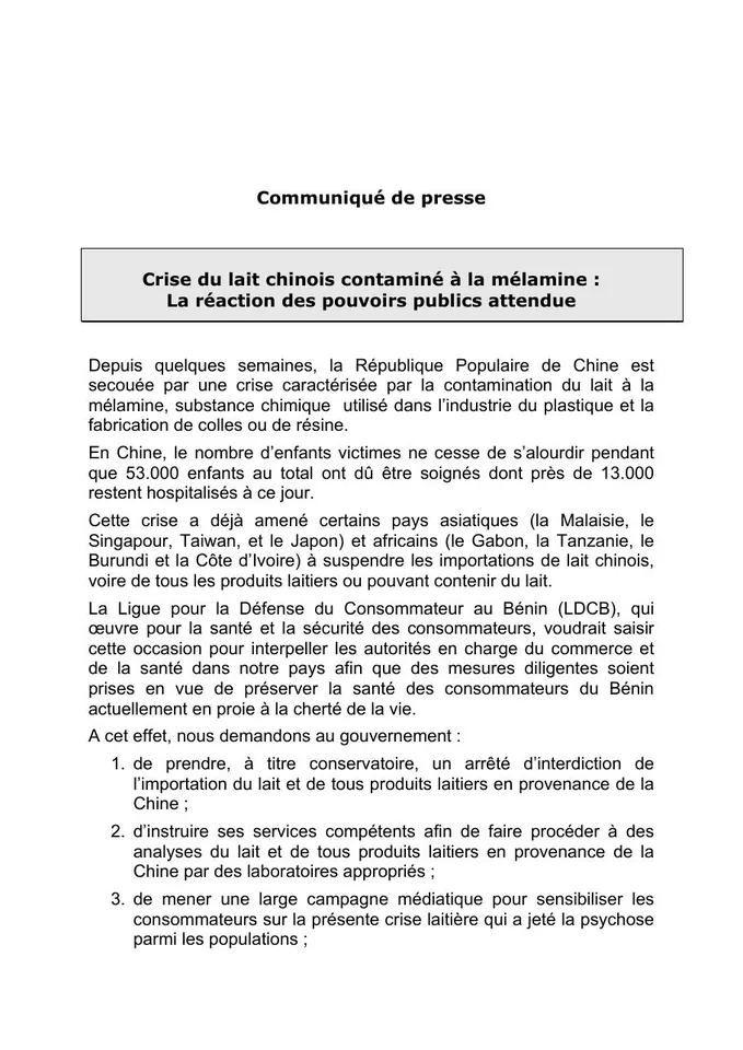 Première page — Sur le lait chinois contamié à la mélamine