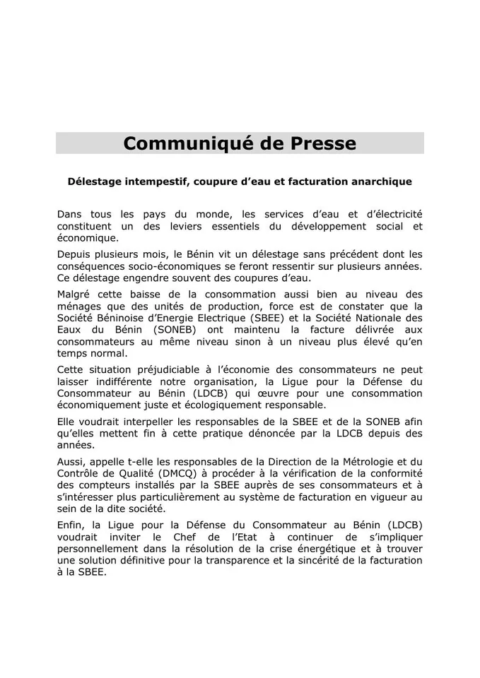 Première page — Sur les coupures et délestages intempestifs