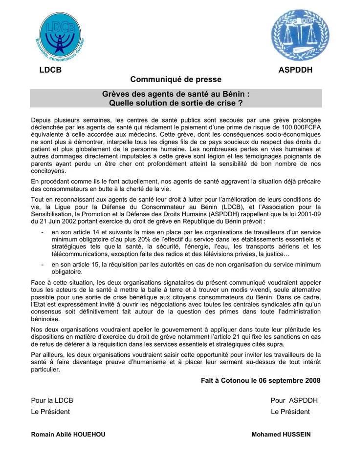 Première page — Sur les greves prolongées dans les centres hospitaliers publics
