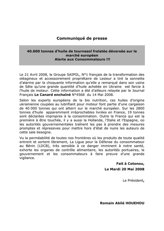 Première page — Sur les huiles frelatées de tournesol