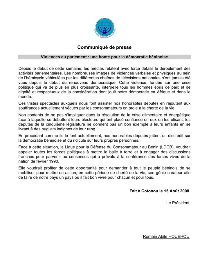Première page — Sur les violences au parlement