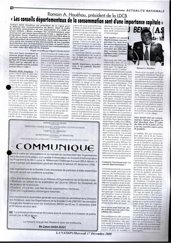 Mise en place des conseils départementaux de la consommation dans les départements du Bénin