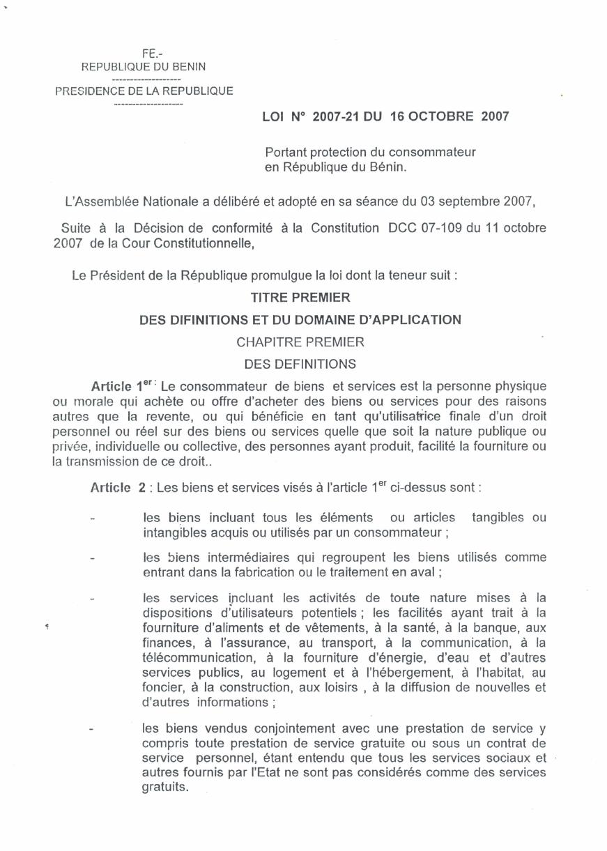 Couverture — Loi n° 2007-21 du 16 octobre 2007 portant protection du consommateur au Bénin