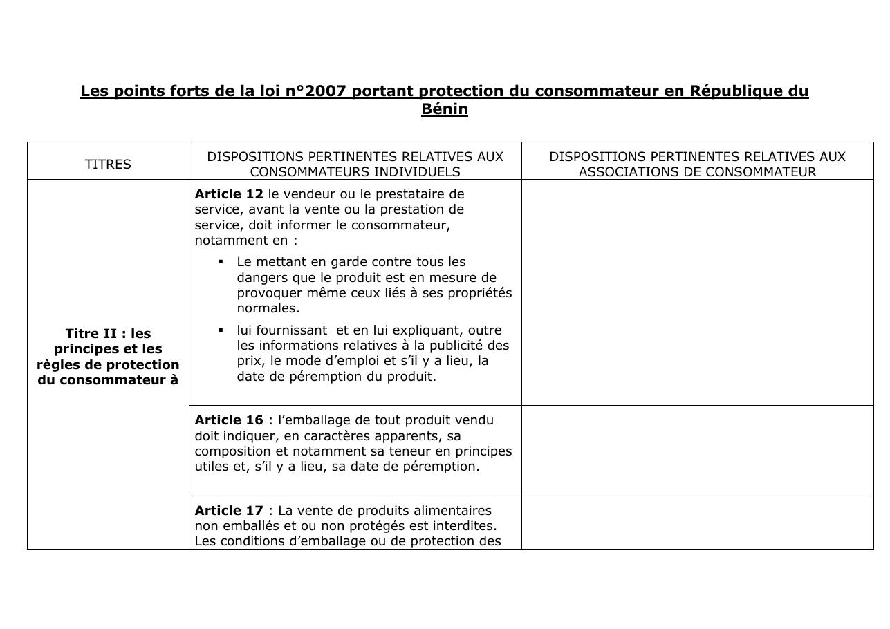 Couverture — Les points forts de la loi sur la protection des consommateurs