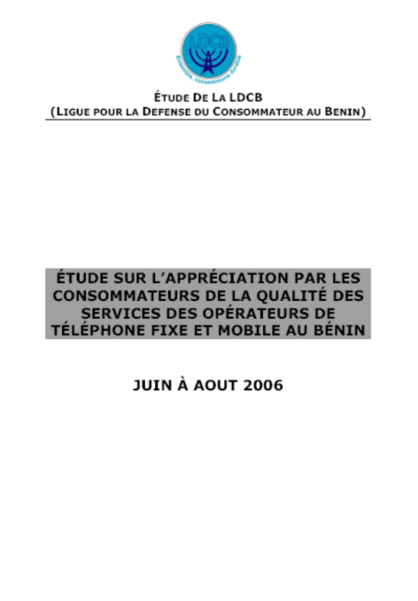 Couverture — Appréciation par les consommateurs de la qualité des services des opérateurs de téléphone fixe et mobile au Bénin