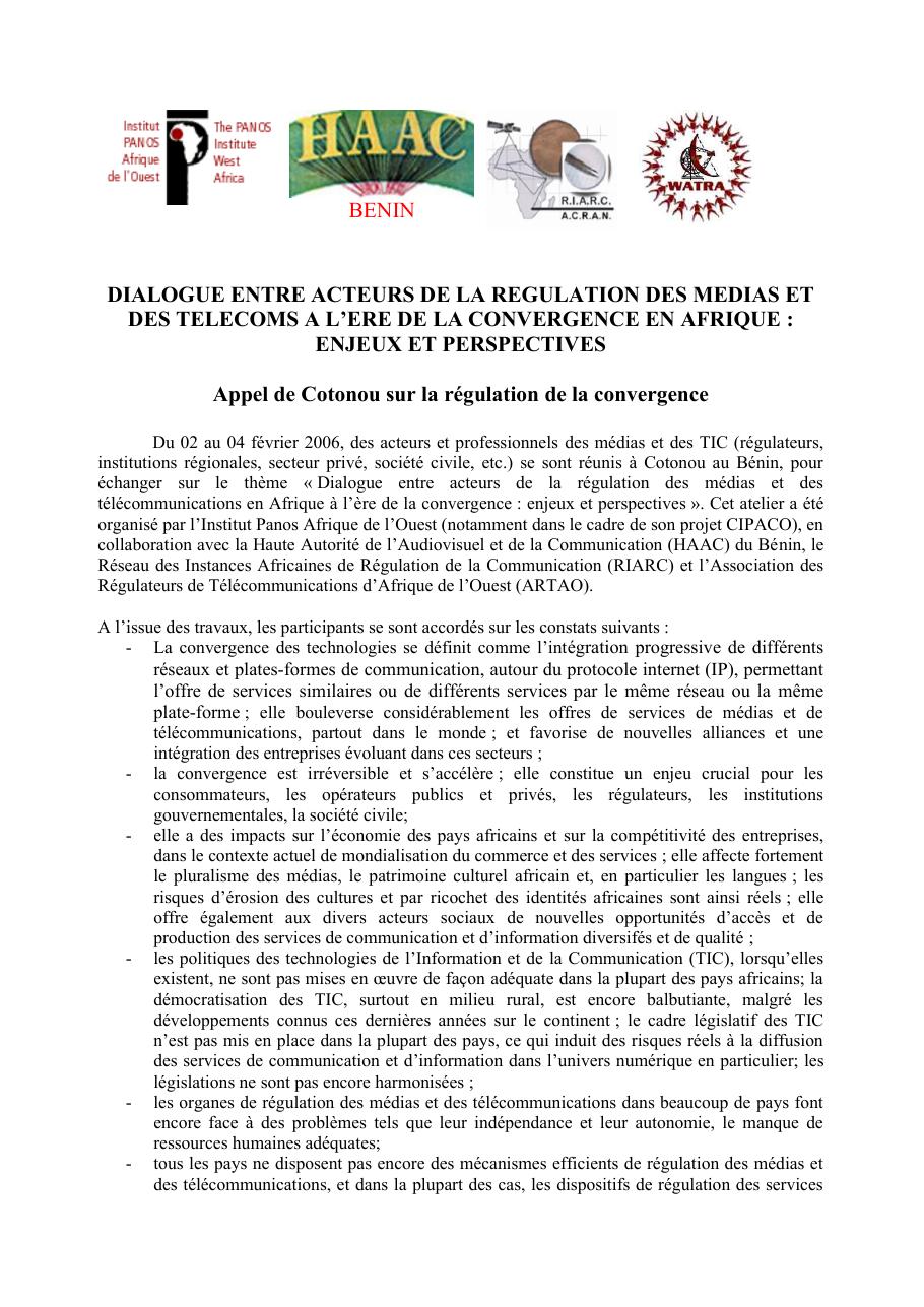 Première page — Appel de Cotonou sur la régulation de la convergence